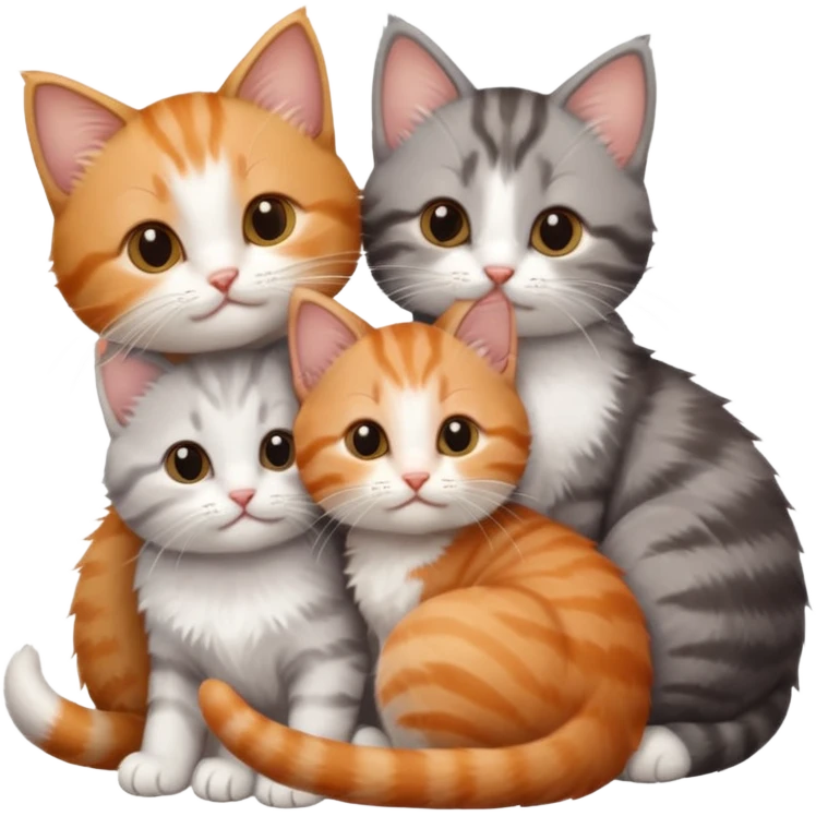 3 very small kittens cuddling together all different colours, the first one is grey and white, the second is ginger and white and the third is brown tabby and white emoji