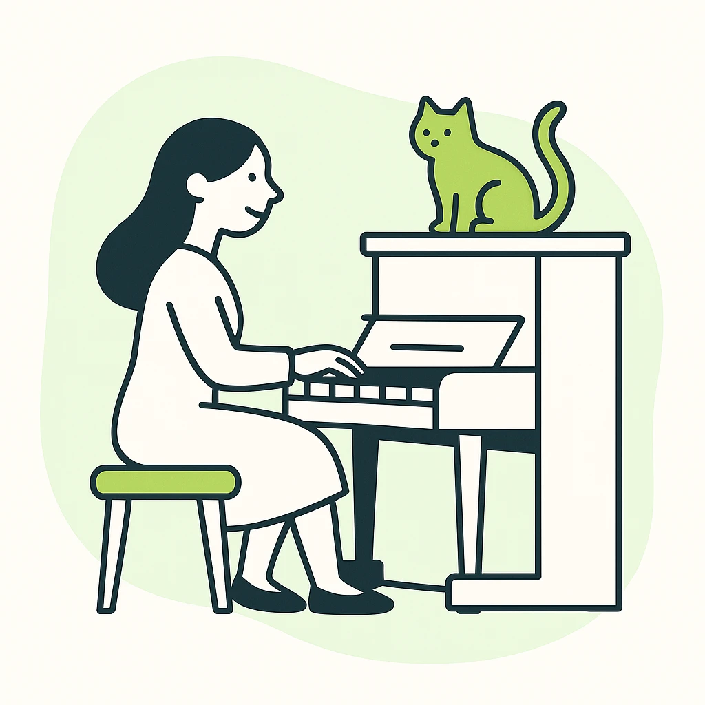 woman playing piano while her cat sits on top of the piano emoji