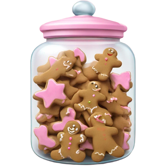 Realistic glass cookie jar with light pink lid full of gingerbread cookies isolated.  emoji