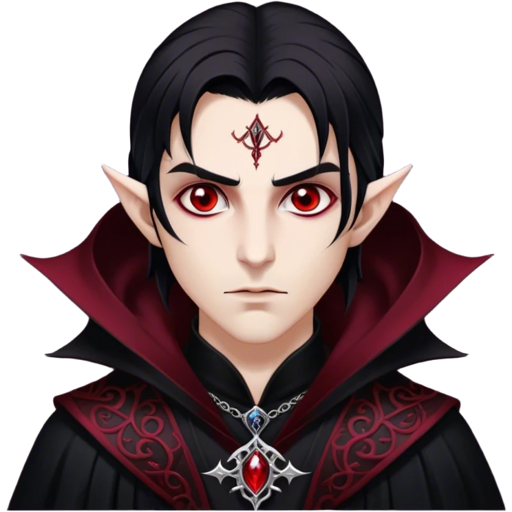 Cinematic Realistic WoW Vampire Mage Portrait, depicted with dark and mysterious elegance, wearing a flowing black robe intricately adorned with arcane silver filigree and esoteric runes. His pallid, almost ethereal skin contrasts with deep crimson, mesmerizing eyes, while his dark, slick hair falls in sleek strands. Rendered with lifelike texture and moody, dramatic lighting, high shine, noble and formidable, capturing the essence of a legendary vampire mage of Azeroth. emoji