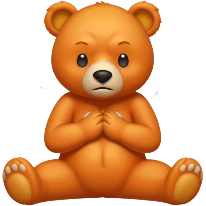 Create a orange friendly bear, make him look like from a kid cartoon. Show his whole body. Make him look shy and cross his leg while he is standing. make him look mad and steam coming out of his ears emoji