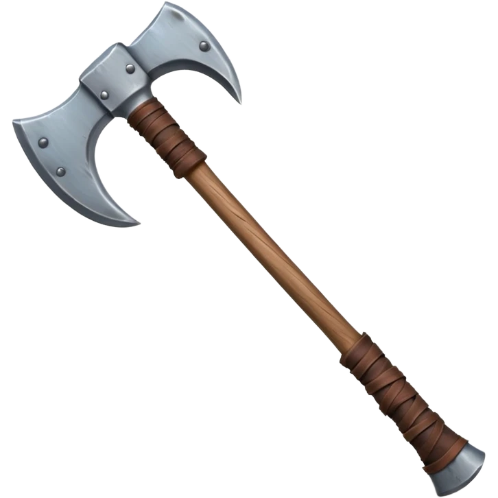 barbarian axe object icon, huge double-bladed axe, rough metal, wooden handle, leather wraps, fantasy style, 3D cartoon, mobile game icon style, centered, clean background, soft shadow, no text, no watermark
 emoji