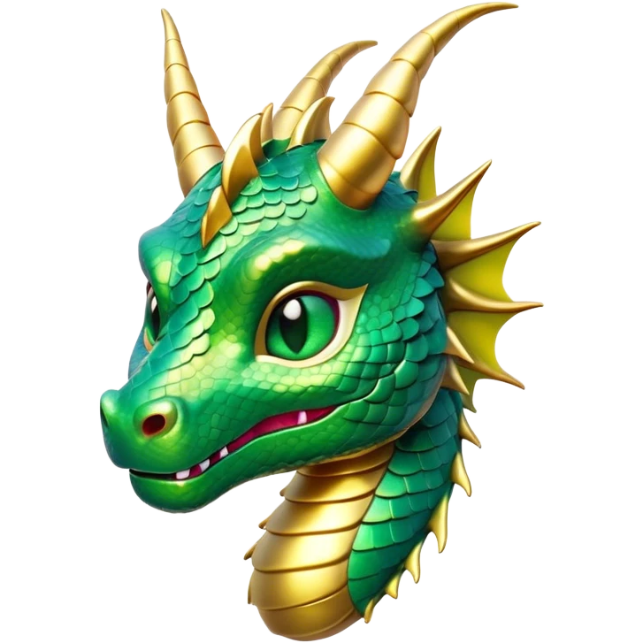 Cinematic Cute Dragon Portrait Emoji, Head tilted playfully and inquisitively, featuring a sleek, serpentine form adorned with iridescent scales that shift between emerald and gold, a delicate set of subtle horns, and round, sparkling eyes full of curious magic; rendered with realistic detail and warm natural light, high shine, affectionate and enchanting, styled with a touch of whimsical fantasy, soft glowing outline, capturing the essence of a mischievous yet lovable dragon that seems poised to slither playfully into your arms! emoji