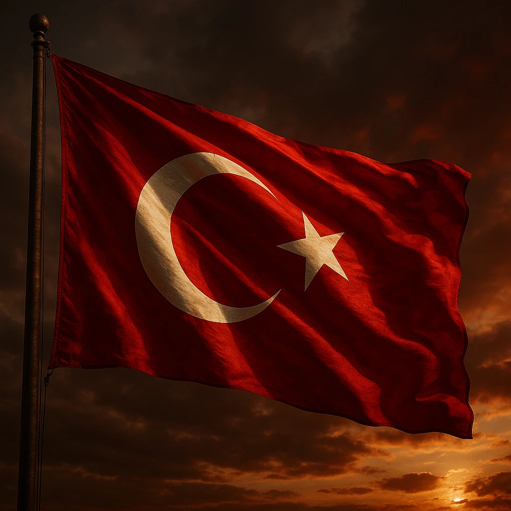 A majestic Turkish flag with a dramatic red background, white crescent and star, waving in the wind, high detail, realistic lighting, cinematic and symbolic. emoji