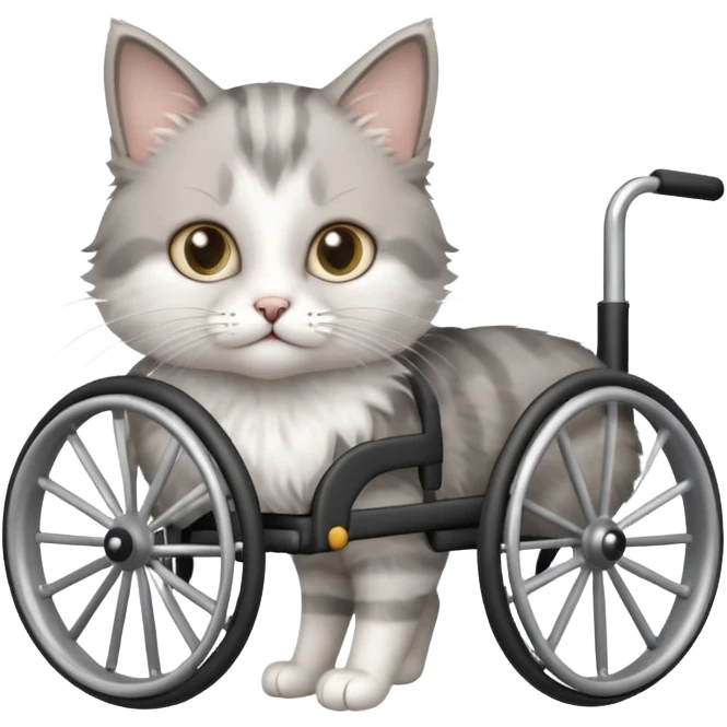 disabled grey and white small cat using a wheelchair made for cats emoji