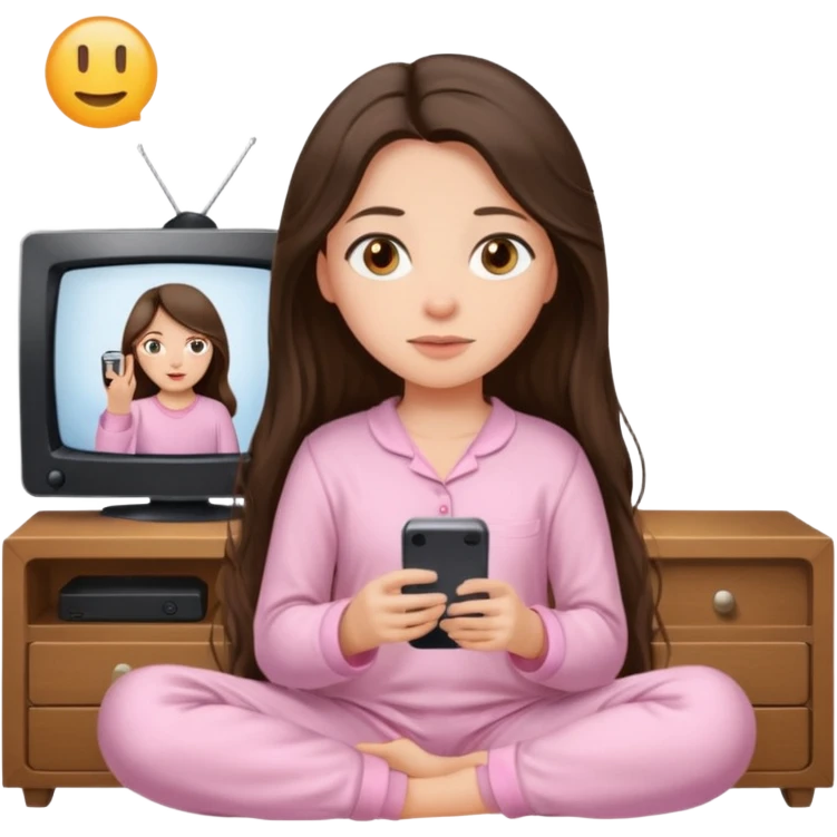 long haired brunette girl hazel eyes in light pink watching tv emoji