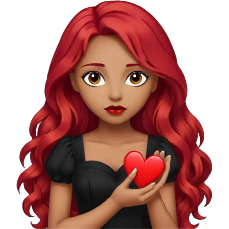 woman with long red hair dark make up olive skin holding a broken heart black dress emoji
