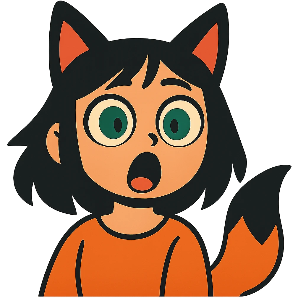 a surprised girl with huge green eyes, black fox ears, and a tail, dark hair emoji
