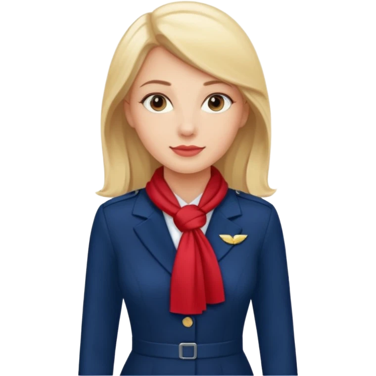 azafata de vuelo rubia, con un vestido azul marino, liso con un pañuelo de color rojo emoji