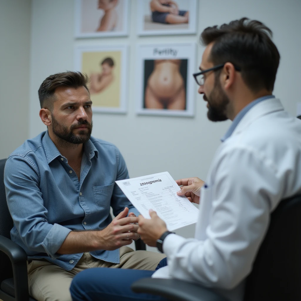 hyperrealistic 4K image of a man in his 30s sitting across from a urologist, showing him semen analysis results with 'azoospermia', urologist explaining, fertility posters on wall, anxious expression, clinical setting emoji