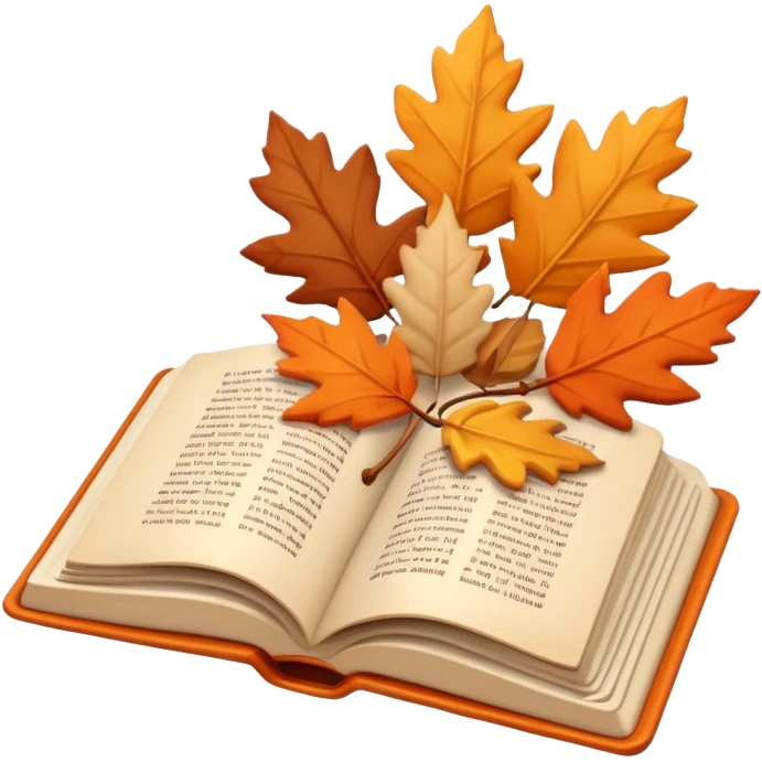 A cute 3D emoji of an open book with autumn leaves around it, cozy fall colors (orange, brown, beige), playful and modern style, glossy finish, minimalistic but expressive, symbolizing a Fall Reading Challenge. emoji