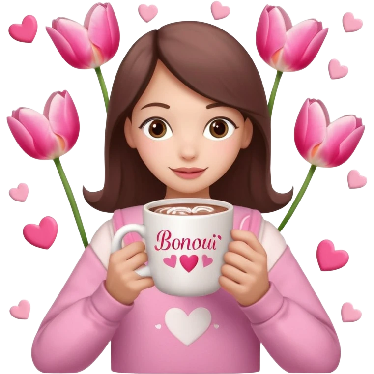 A cozy scene featuring a cup of hot chocolate with the word “Bonjour” written on it, adorned with pink tulips, and held by hands wearing pink sleeves. The scene is decorated with pink hearts and candy canes. emoji