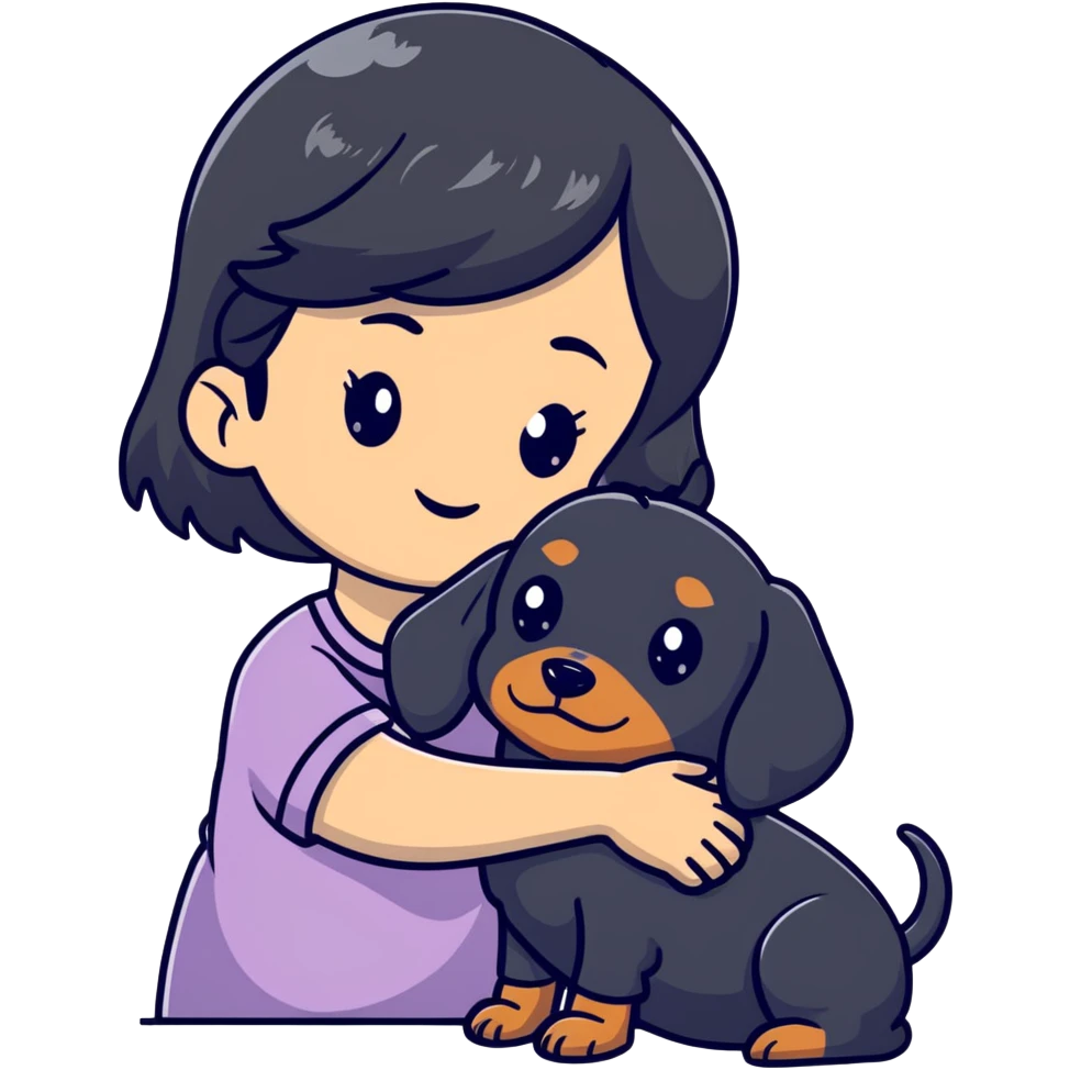 black hair asian girl hugging black dachshund emoji