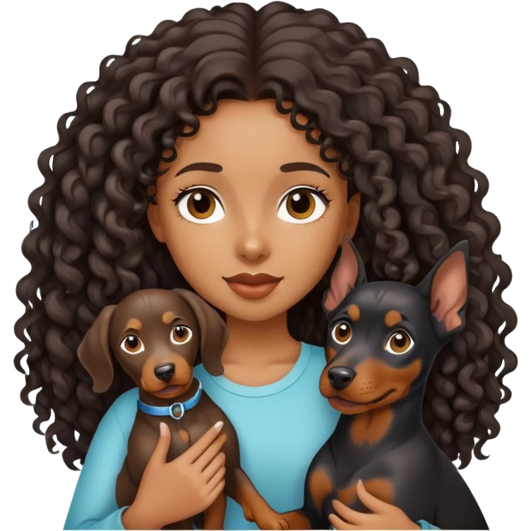 Black girl with long hair holding a Doberman dog emoji