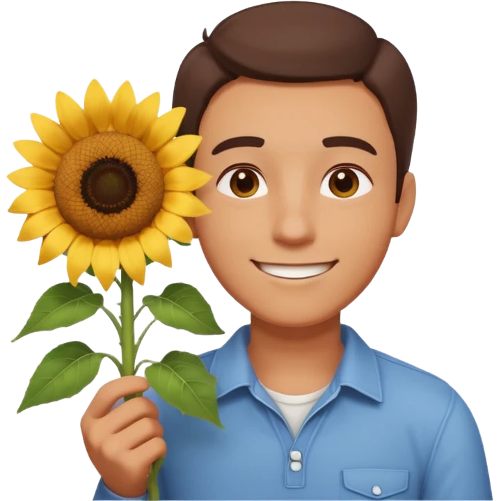 man holding a sunflower portrait, head and shoulders only, gentle smile, sunflower visible in hand, warm positive vibe, 3D cartoon style, mobile game icon style, clean background, no text, no watermark
 emoji