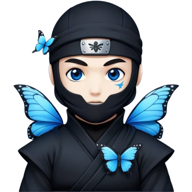 Crea un emoji para usar en WhatsApp con estos dos emoji 🥷🏻🦋.
Ninja vestido de negro con la piel blanca y una mariposa azul posada en su hombro izquierdo como si estuviera volando. emoji