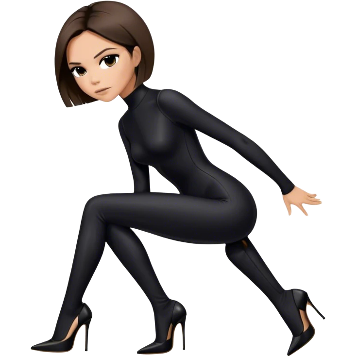 Victoria Beckham with light skin, short dark brown bob, black catsuit wearing black heels emoji