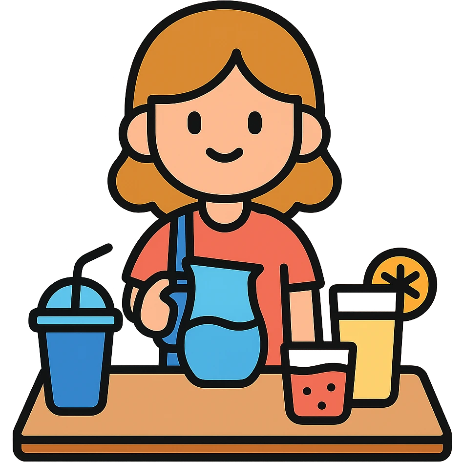 cartoon girl preparing cold drinks and juices on a table, bright colors emoji