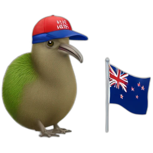 Kiwi wearing 'Make New Zealand Great Again' cap while next to flah emoji