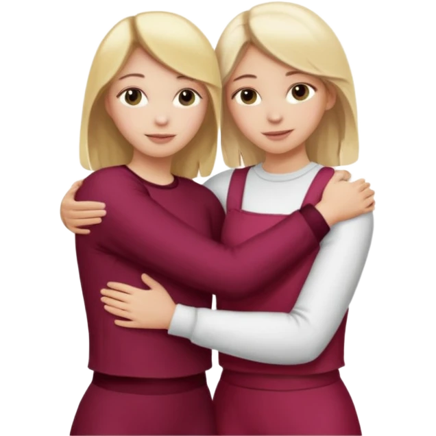 two girls who hug eachother. one has medium blonde hair with blonde highlights and very pale skin , other has medium skintone and blush and blonde hair. girl with medium blonde hair is wearing a white outfit and girl with blonde hair is wearing a burgundy outfit emoji