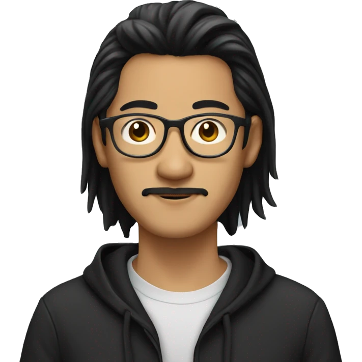 Asian Guy with long black hair and round glasses, mustache and black hoodie emoji