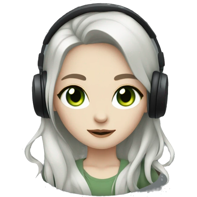 Pale  girl with dark hair green eyes, black clothes, listening to music  emoji