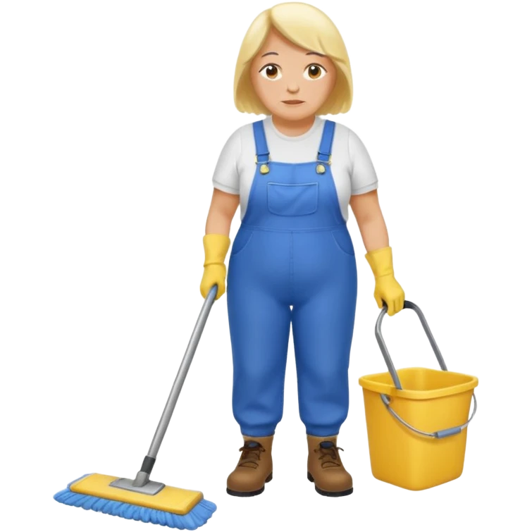 old and fat women, Custodian with yellow rubber gloves, white T-shirt, blue overalls, mopping floor emoji