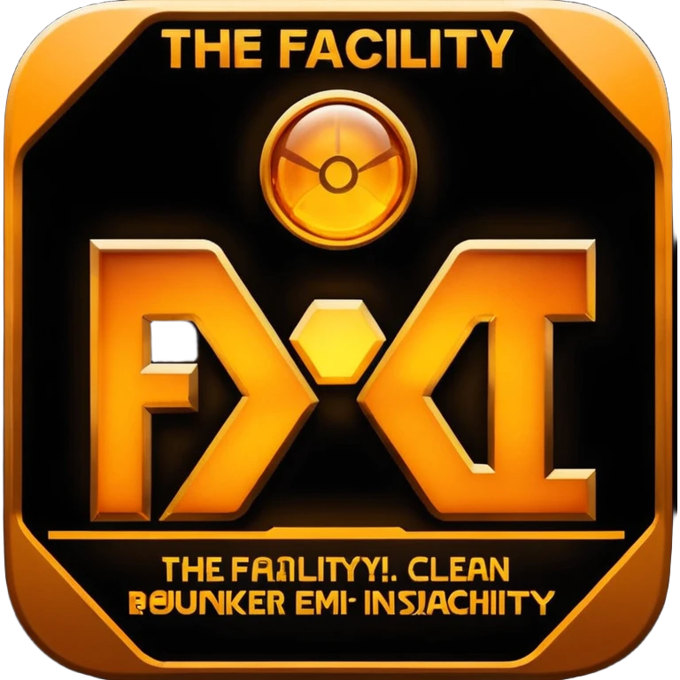 glowing amber industrial emblem above bold text reading “THE FACILITY”, dark background, clean typography, sci-fi bunker aesthetic, high contrast, emoji
