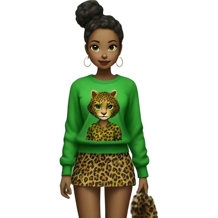 Green girl with panter print top on, panterprint skirt and panterprint fur boots emoji