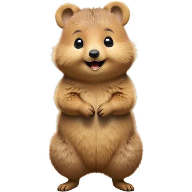 cinematic-quokka-realistic-full-body-standing on its hind legs hunched over-emoji,-small-round-frame-balanced-on-tiny-strong-hind-legs,giant fluffy cheeks large smile-fluffy-brown-fur-radiating-a-warm-softness,-big-round-eyes-filled-with-joy-and-innocence,-tiny-clawed-paws-held-close-to-chest,-cheerful-smile-exuding-endearing-happiness,-simplified-yet-realistic-focused-features,-highly-detailed,-glowing-with-a-sunny-warmth, skinny tail emoji