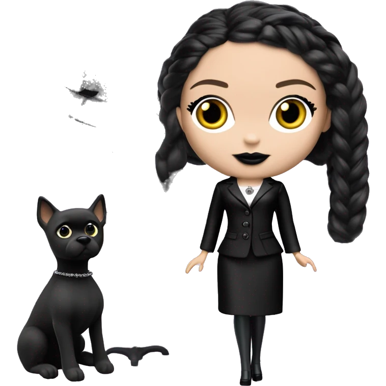   Hostess Wednesday Addams Barbie.  very light skin face. Black lipstick and eyeshadow. Earrings matching necklaces. Long silky raven hair.  Silk pj separates black high heel.  emoji
