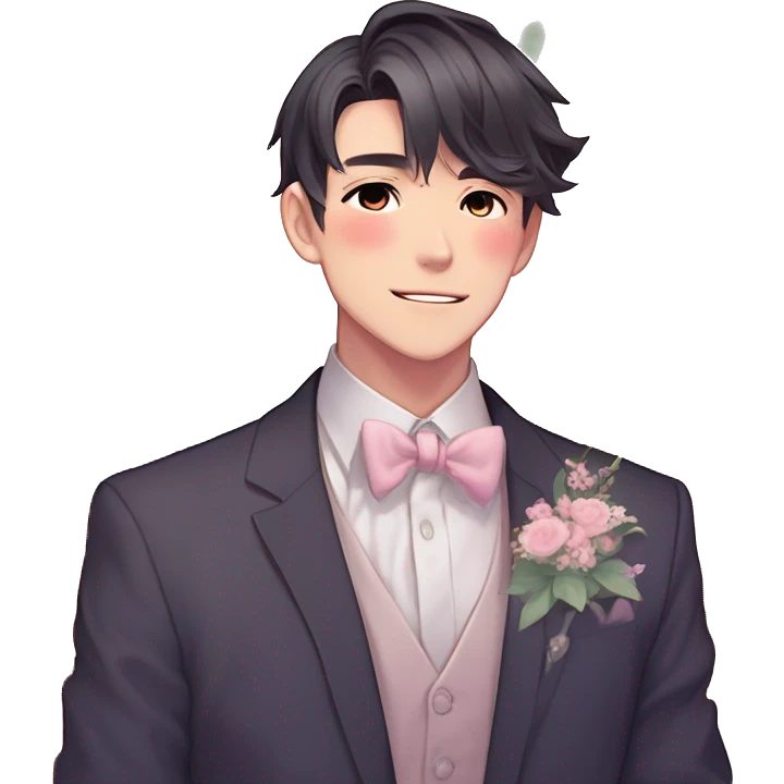 Gorgeous romantic anime style Asian formal modern gentlemanly guy with flowers and blushing face aesthetic trending style outside with colorful gradient colors  pastelcore cottagecore kawaiicore emoji