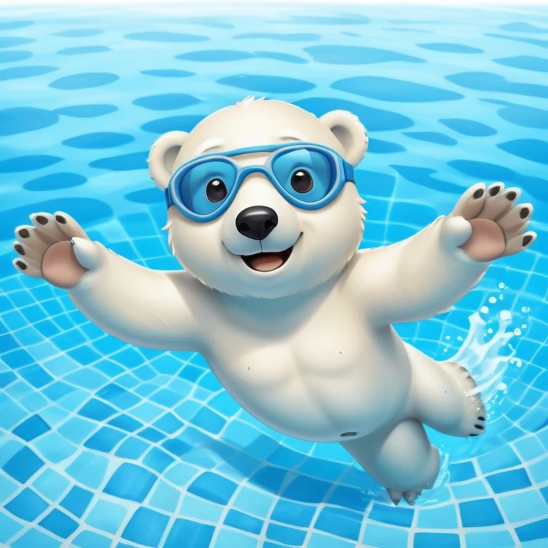 friendly anthropomorphised polar bear swimming freestyle with excited expression, wearing blue swimming goggles, pool tiles and water visible emoji