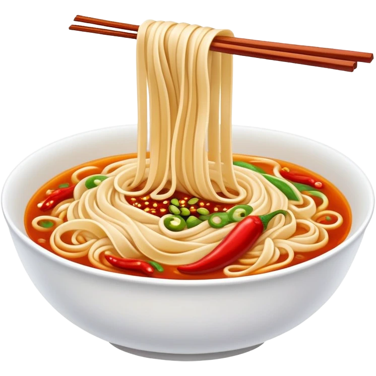 Xi'an Biangbiang noodles with extra wide belt shape and chili oil, simplified emoji style with bold outlines and bright colors, cartoon style Shaanxi specialty emoji