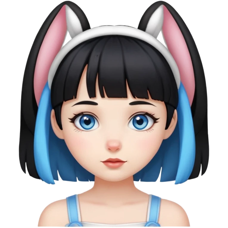 Girl with blue eyes and black hair with short bangs and bunny ears emoji