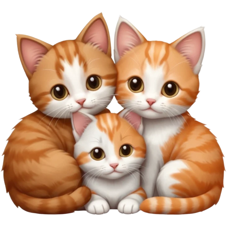 3 tiny kittens cuddling together all different colours, the first one is grey and white, the second is ginger and white and the third is brown tabby and white emoji