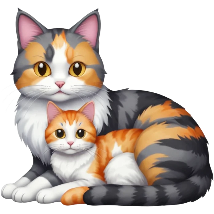full body large dark grey and white cat cuddling a colourful light patched calico + white tabby cat  emoji