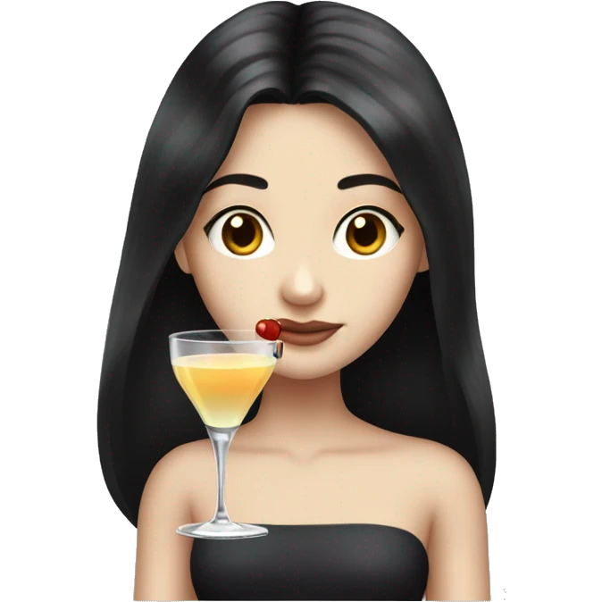 Pale girl with long black hair with chest holding cocktail emoji