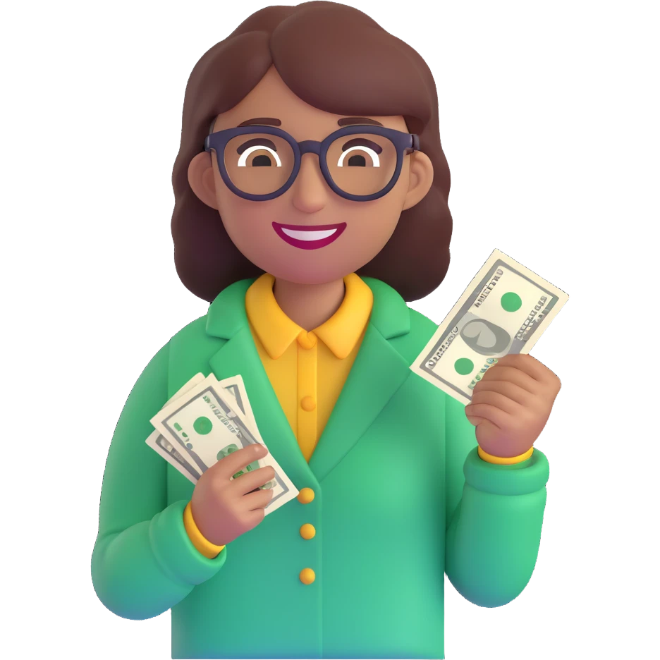 smiling agender emoji with nerdy glasses, holding cash in one hand, gender-neutral, happy vibe emoji