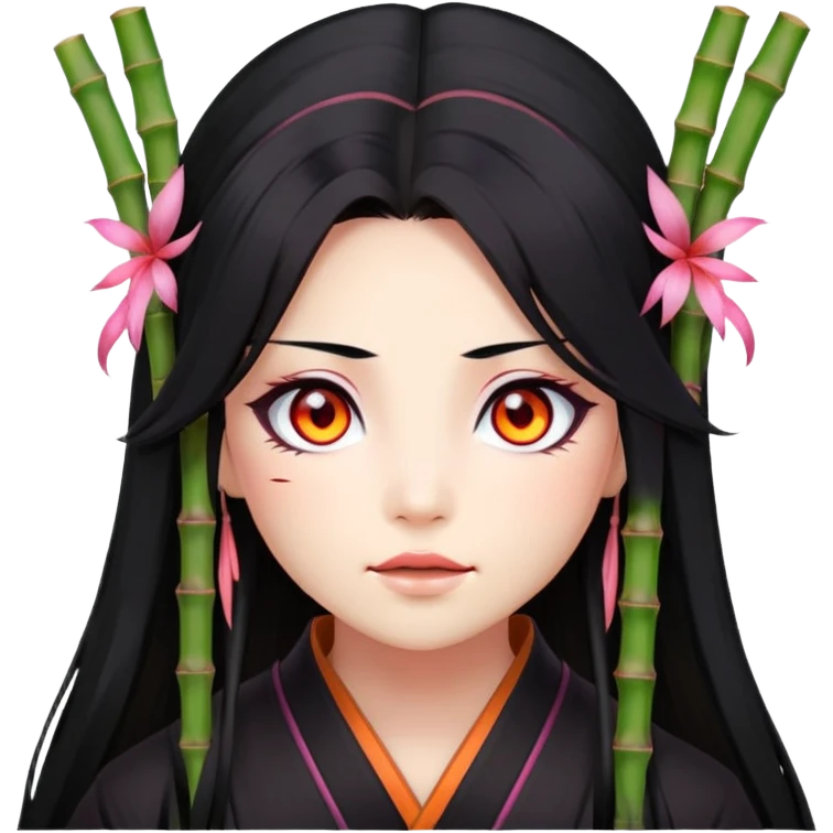 Nezuko with long black hair with orange tips, pink eyes, bamboo muzzle in mouth emoji