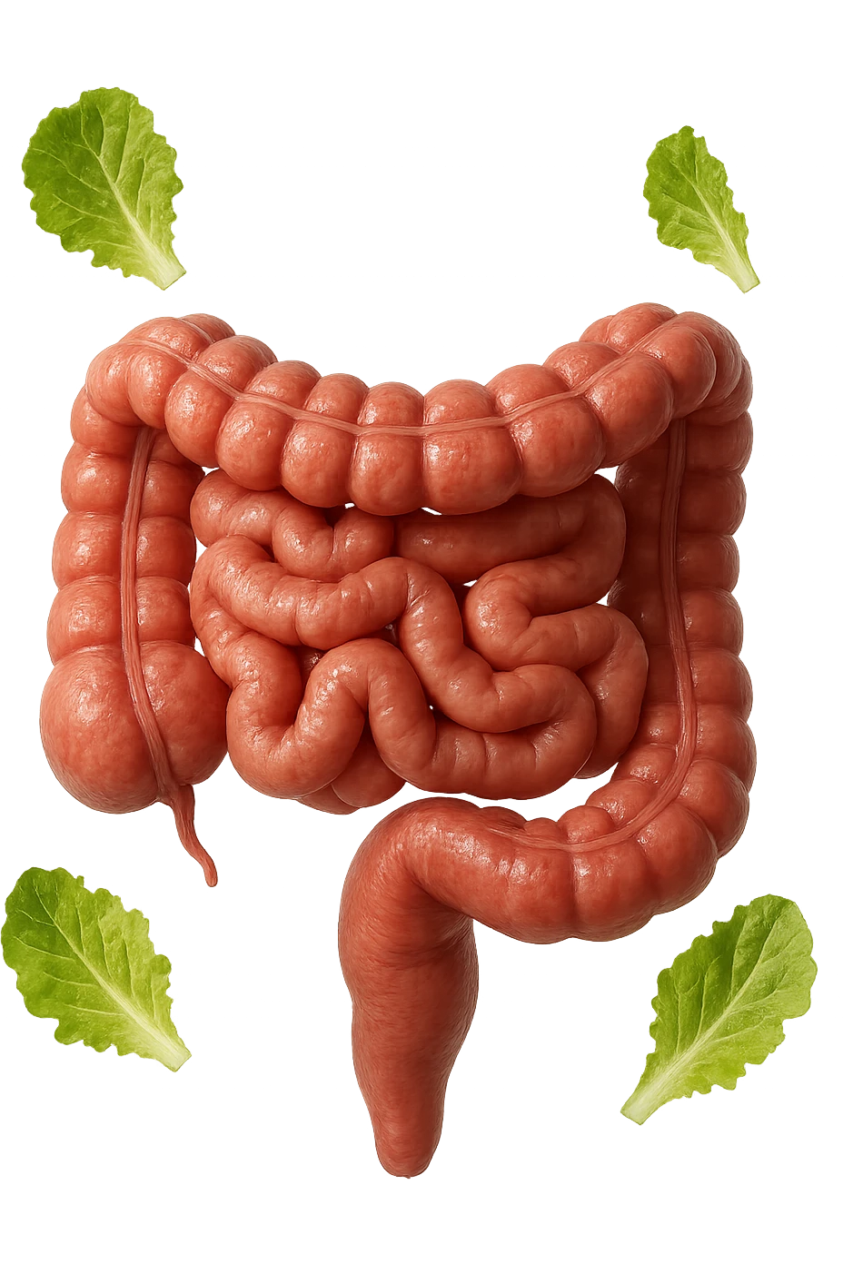 INTESTINO ANATOMICO UMANO REALISTICO INSIEME A FOGLIE DI INSALATA CHE FLUTTUANO IN ARIA, IPERREALISTICO 4K emoji