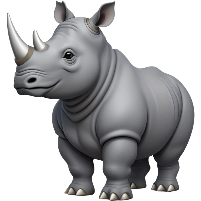 cinematic-rhino-full-body-standing-emoji,slate grey skin -massive-body-poised-powerfully,-thick-horn-curving-slightly-forward,-head-tilted-dramatically,-rough-grey-hide-covered-in-dust,-simplified-focused-features, emoji