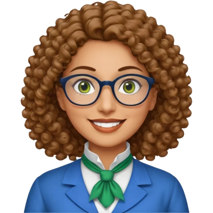 40 yr old Iranian woman, light brown very curly thick hair, shoulder length hair, green eyes, tan skin, big smile, big glasses, blue dress shirt with white cravat on neck emoji