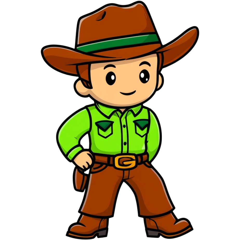 Cartoon cowboy with bright green outfit and matching green cowboy hat, western style emoji