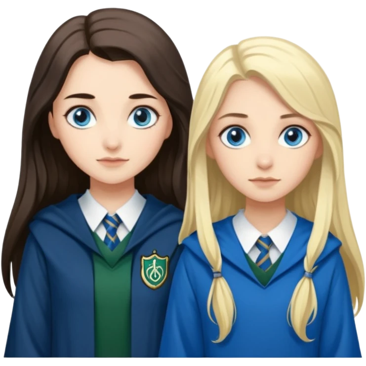 a pretty ravenclaw girl with long dark brown hair and blue eyes standing with a pretty Slytherin girl with long blonde hair, blue eyes emoji