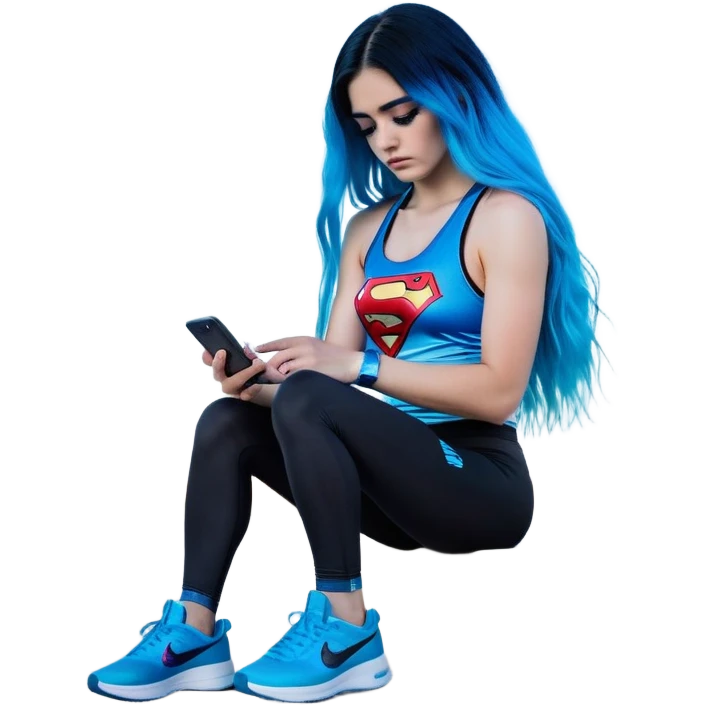 Shameful disappointed crying-very very very very big chest-texting on a samsung cell phone-very long straight flowing black to sky blue hair ombre-blue eyes-black eyeliner-long eyelashes-iridescent sparkling sky blue very low cut tank top with sparkling superman logo-black leggings-nike sneakers emoji