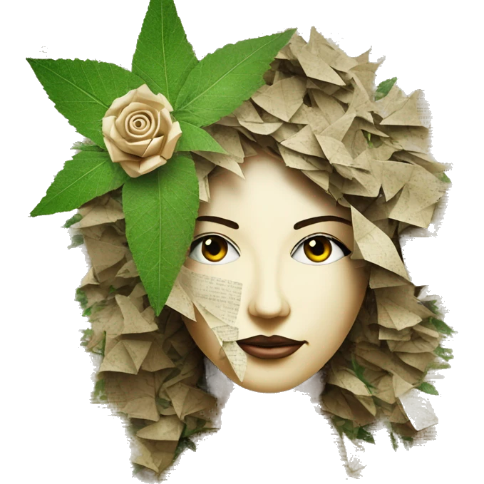  Photograph of Hemp 420 lady face made of 420 origami newspaper roses hemp leaves lantern fairy lights burning paper and hemp leaves in hair  emoji