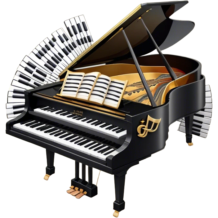 Create a sophisticated and celebratory emoji collage representing keyboard instruments, designed in the style of a coat of arms or crest. The design should feature a central, surrounded by a ribbon of musical notes. The ribbon should intertwine with a second ribbon made of black-and-white piano keys, creating a flowing, symmetrical pattern. Include delicate, elegant details such as the pedals of the grand piano, intricate woodwork, and the glossy, polished surface of the instrument. The musical notes should be swirling around the design in a harmonious, festive arrangement. Use gold, silver, and rich wood tones to evoke a sense of luxury and professionalism, with the black-and-white keys of the piano adding contrast. The background should remain transparent emoji