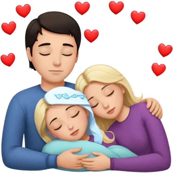 Sleeping romance couple. man has dark hair. woman is blonde. hearts surrounding them. no third person. emoji
