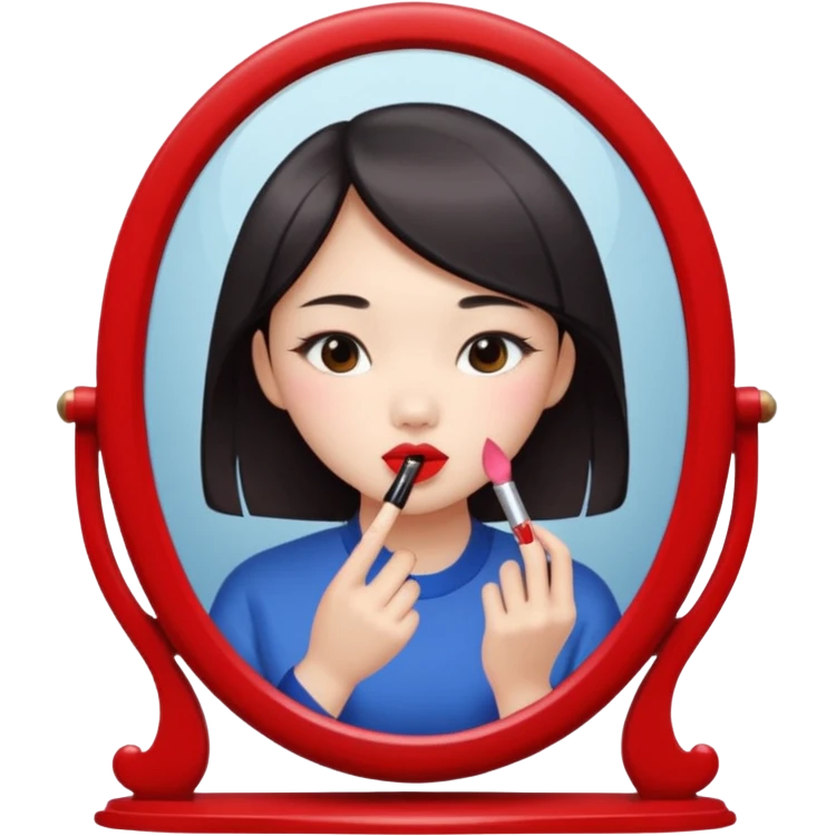 A chinese girl is prettying herself in front of mirror and the mirror reflects her face emoji